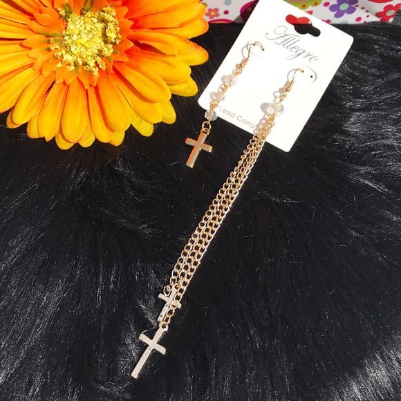 Boho Earrings Cross Bead Goldtone Drop Dangles NWT - Picture 1 of 5